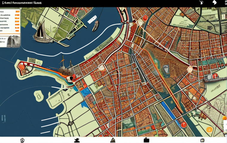 **Image Prompt:** A vibrant, user-friendly interface displaying an interactive map of Rotterdam harbor. Overlaid are historical photos of ships and clickable icons leading to audio stories of old sailors. The scene should evoke a sense of discovery and easy access to local history, with a focus on visual appeal.