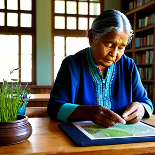 Home 6 A wise, older indigenous woman in modest traditional attire, fully clothed, seated attentively at a wooden table in a sunlit community library. She is carefully examining a digital tablet displaying vibrant botanical illustrations and ecological maps. Around her are neatly organized piles of documented local herbs and traditional craft tools, blending ancient wisdom with modern technology. The atmosphere is one of respectful learning and cultural preservation. Professional photography, natural pose, perfect anatomy, correct proportions, well-formed hands, proper finger count, natural body proportions, safe for work, appropriate content, family-friendly, high quality, professional dress.