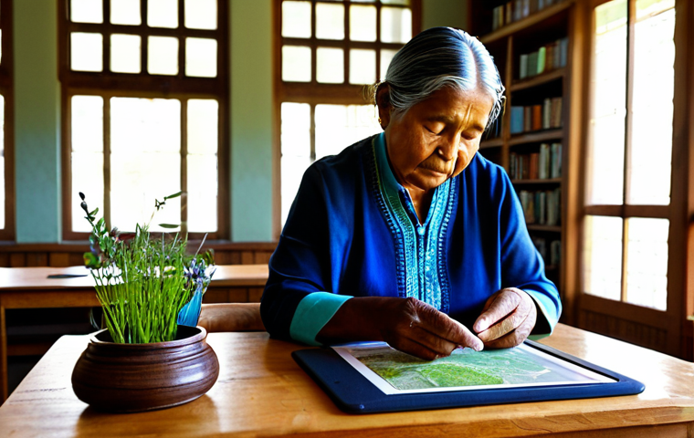 A wise, older indigenous woman in modest traditional attire, fully clothed, seated attentively at a wooden table in a sunlit community library. She is carefully examining a digital tablet displaying vibrant botanical illustrations and ecological maps. Around her are neatly organized piles of documented local herbs and traditional craft tools, blending ancient wisdom with modern technology. The atmosphere is one of respectful learning and cultural preservation. Professional photography, natural pose, perfect anatomy, correct proportions, well-formed hands, proper finger count, natural body proportions, safe for work, appropriate content, family-friendly, high quality, professional dress.